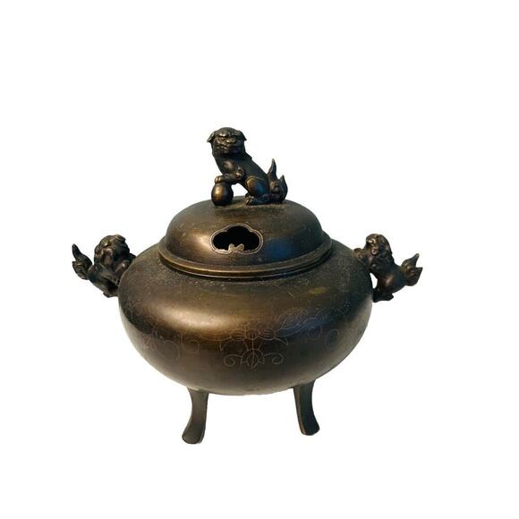 Shuraku Period Chinese Bronze Lion Inlaid Incense Burner Foo Dog Foot Feng Shui - Picture 1 of 12